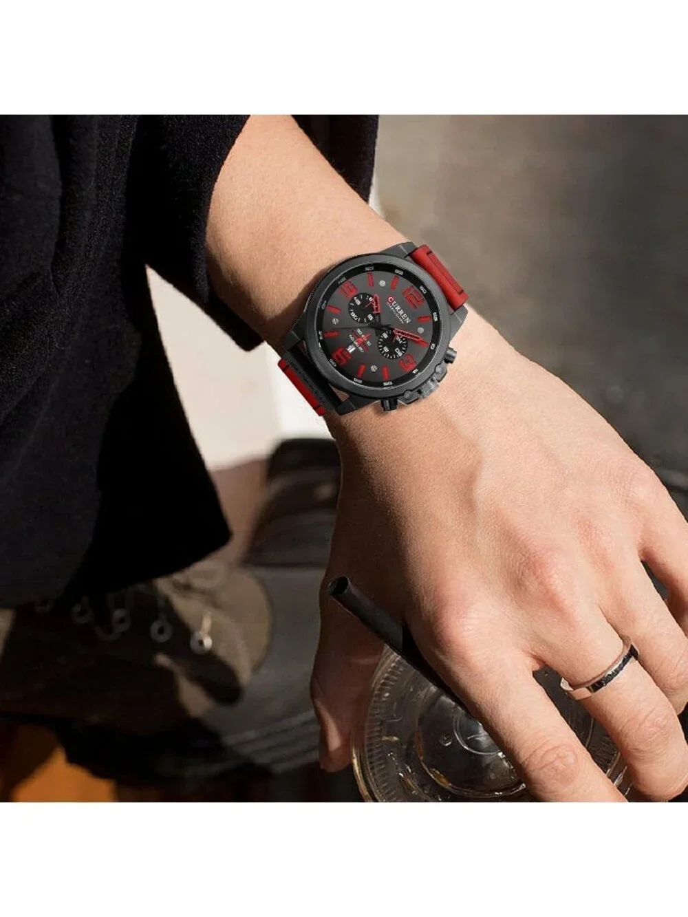 Men's Black And Red Analog Leather Strap Sandwich Dial Chronograph Wrist Watch